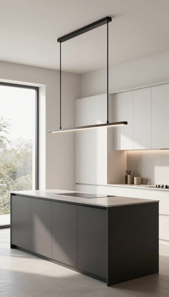 Sleek linear suspension light over modern kitchen island