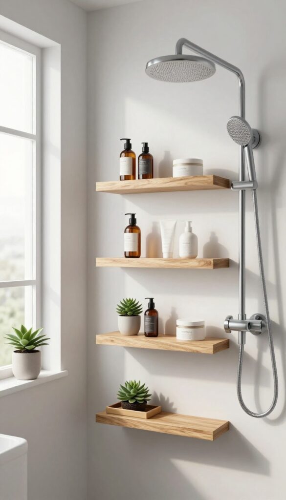 Floating shelves on a pony wall shower in a bright, modern bathroom with organized toiletries and decorative plants.