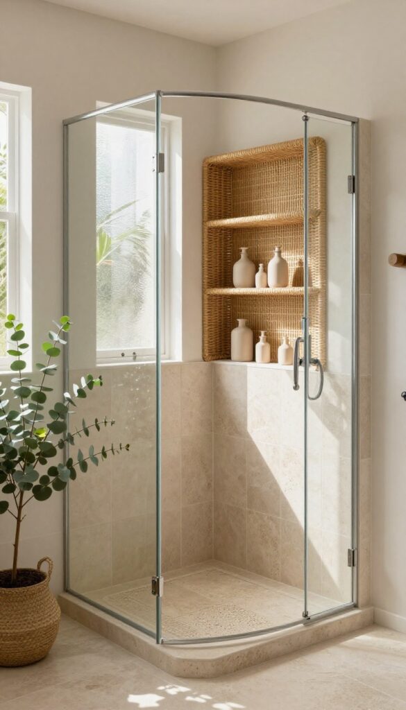 Woven rattan shelf in a shower niche with ceramic bottles and eucalyptus