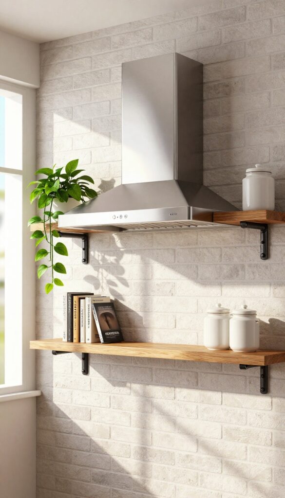 Industrial pipe shelf hood with open storage in a bright kitchen
