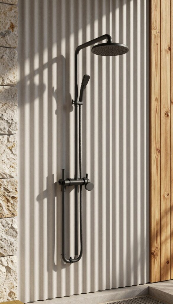 Outdoor shower with corrugated metal siding, exposed black pipes, and natural stone and wood accents in an industrial-style setting.