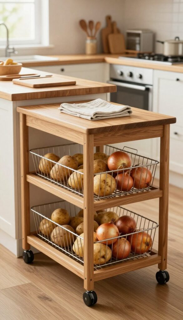 Wooden rolling cart with wire baskets and butcher block top in a bright kitchen