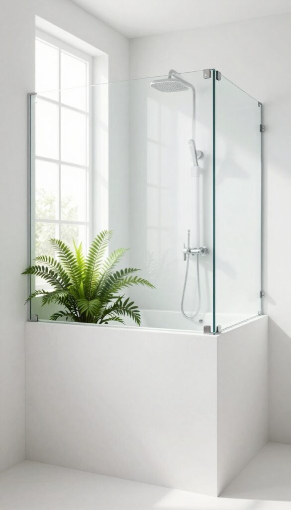 Half-wall glass partition in a modern bathroom with a plant on the shelf and natural light.