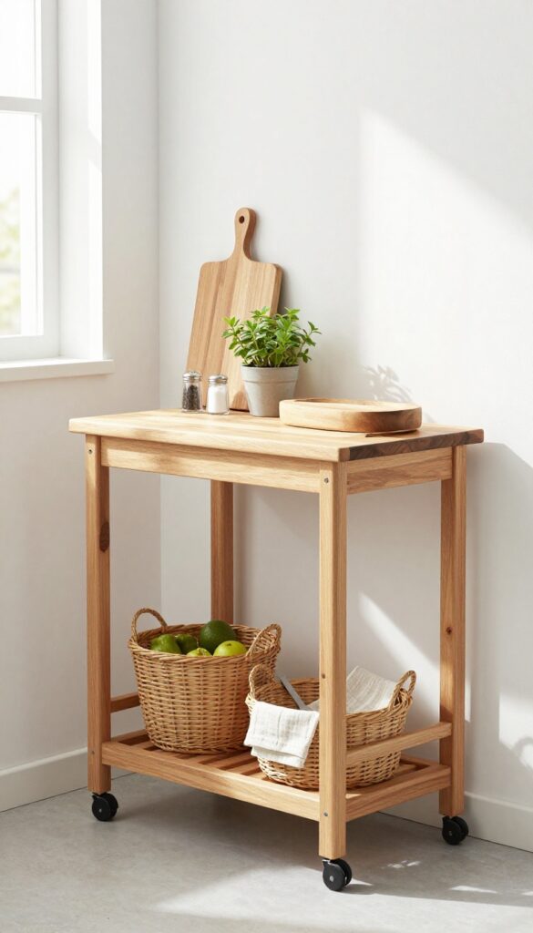 A narrow rolling cart with butcher-block top and baskets in a bright kitchen