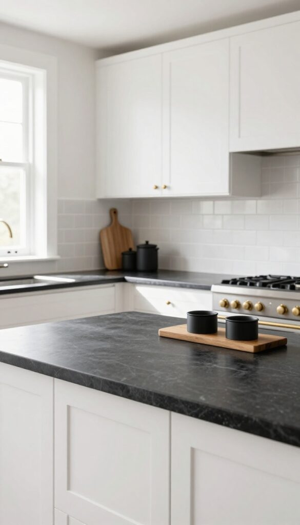 Kitchen with white cabinets, pale backsplash, and dark matte soapstone countertop, styled with wooden cutting board and brass hardware.