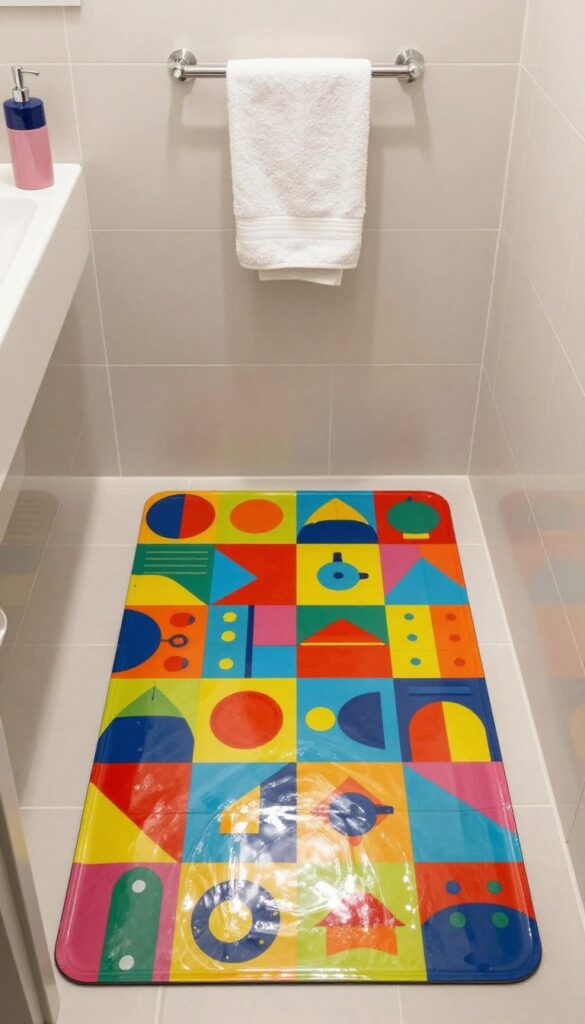A patterned vinyl mat on a bathroom floor, adding a pop of color and personality with vibrant designs, surrounded by solid-colored towels and simple accessories in bright natural light.
