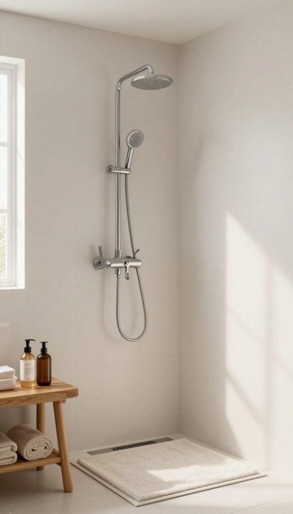 A cozy shower bench in a bright bathroom, designed for comfort and utility with natural light and clean decor.