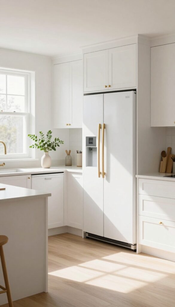 Seamless kitchen with integrated appliances hidden behind white cabinet panels, creating a clean and polished look.
