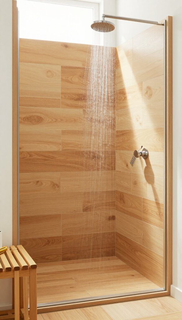Wood-look porcelain planks in a shower with teak bench and bamboo accessories