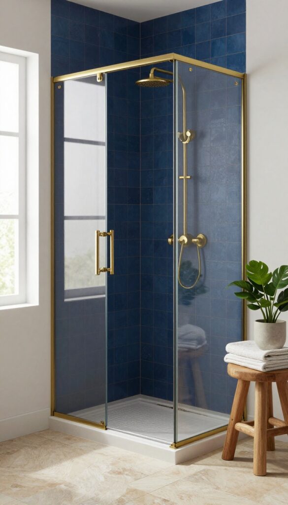 Bathroom shower with brushed brass fixtures, navy tiles, and natural stone floor