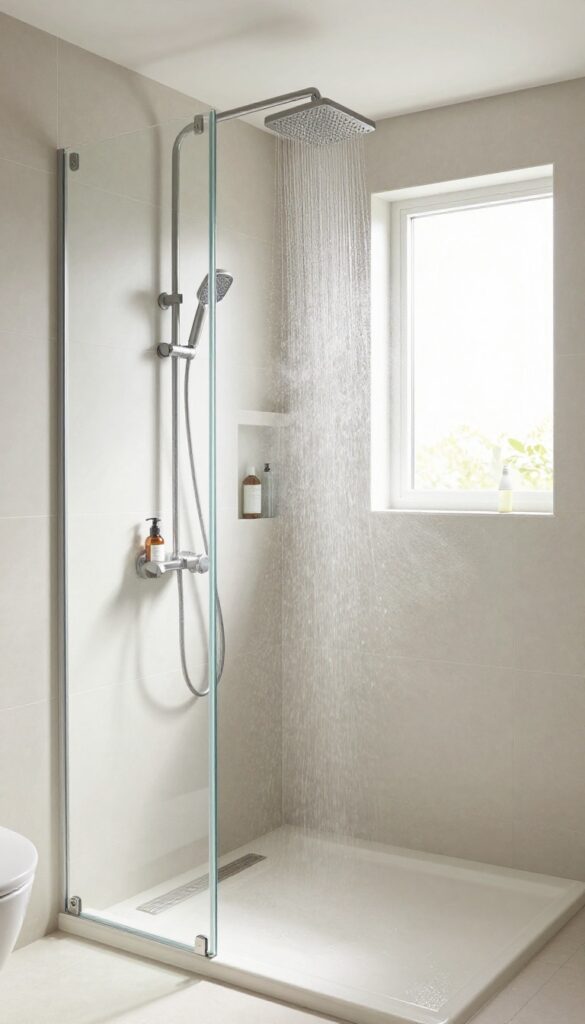 A bright, clean stand-up shower design emphasizing practical factors like water control, storage, and maintenance-friendly materials for daily use.