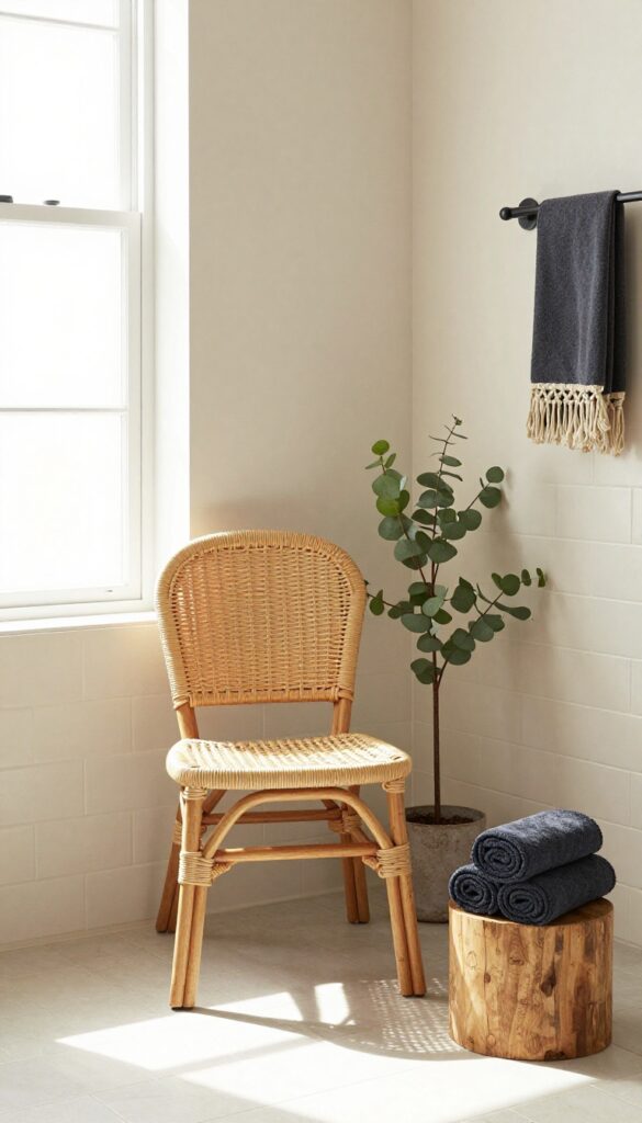 Cane or rattan shower chair in a bright bathroom with boho decor, eucalyptus plant, and wooden stool.