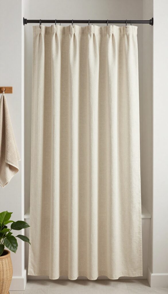 Modern bathroom featuring an eco-friendly shower curtain in organic cotton or recycled fabric with natural texture, bamboo hooks or matte black rod, wooden accents, potted plants, and neutral towels in bright natural light.