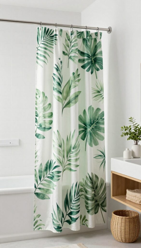 A bathroom featuring a botanical print shower curtain with soft green leaves on a white background, enhancing the space with natural elements and clean decor.