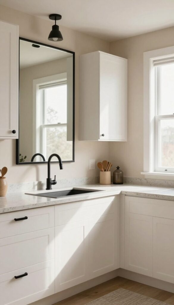 Warm beige kitchen with black hardware and a black-framed mirror