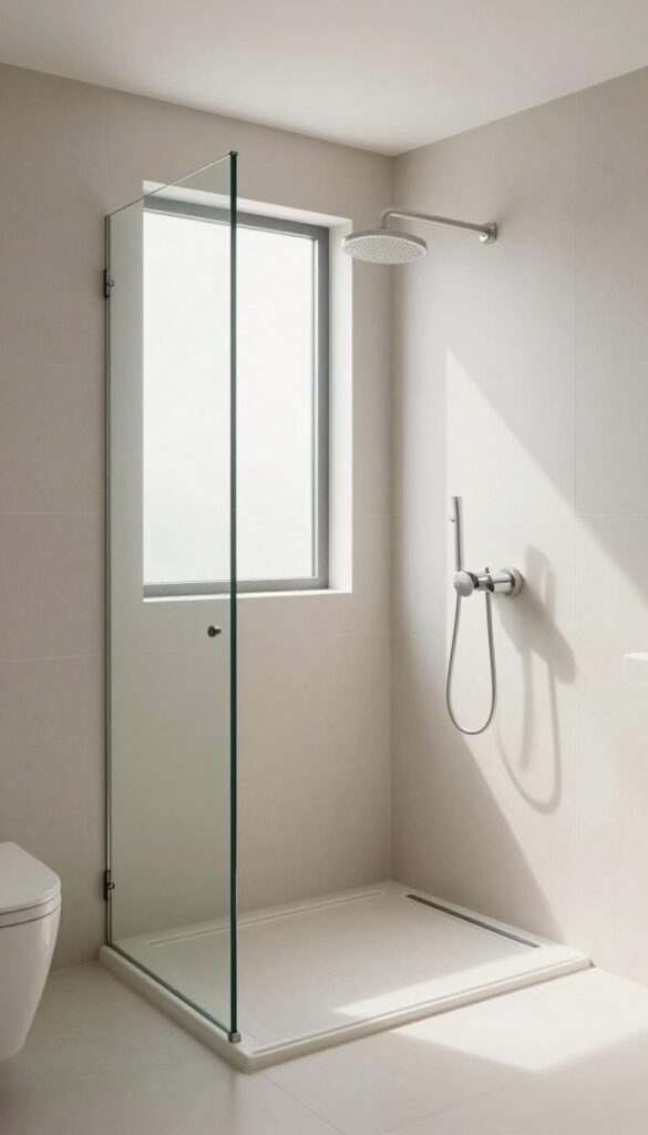A doorless stand-up shower in a bright, modern bathroom with natural light and clean design