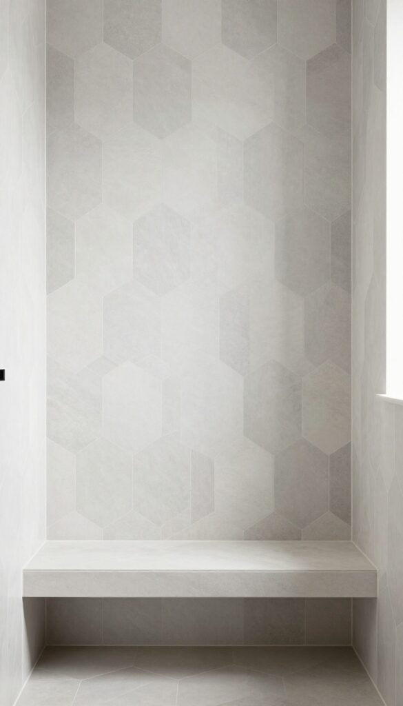 Modern shower with geometric hexagonal tiles in neutral tones and a minimalist bench seat for a fresh and stylish look.