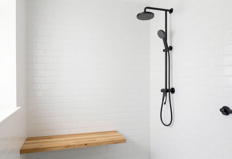 Modern bathroom shower with rainfall showerhead and handheld fixture in brushed nickel and matte black