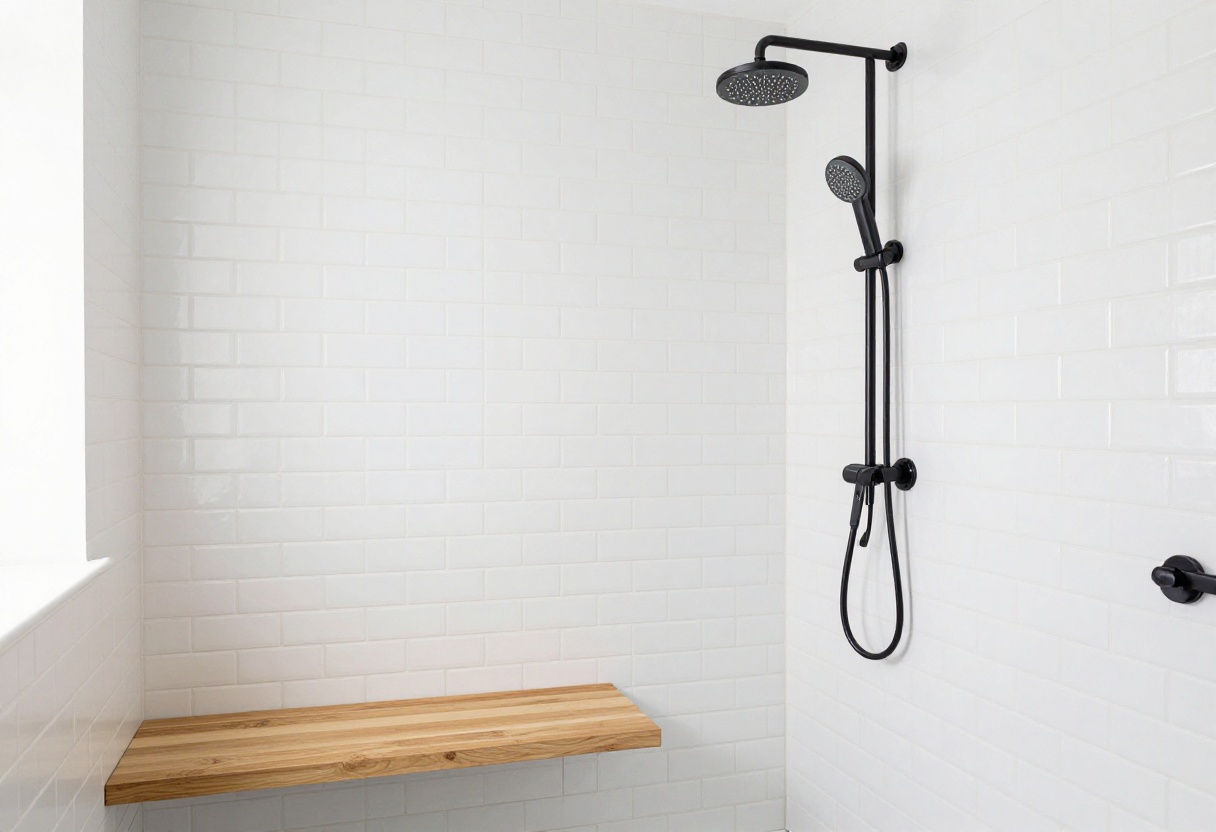 Modern bathroom shower with rainfall showerhead and handheld fixture in brushed nickel and matte black