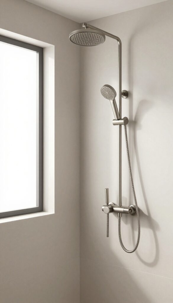 A bathroom shower with dual showerheads, including a fixed overhead and a handheld on an adjustable slide bar, in brushed nickel finish, set against neutral tiles under bright natural light.