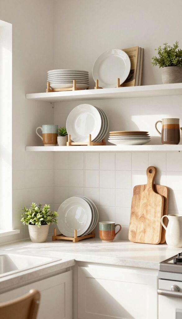 Open shelving in a kitchen styled with everyday essentials like plates, mugs, cookbooks, and a plant
