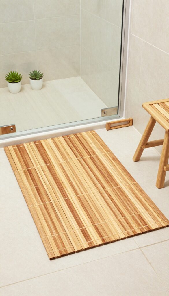 A natural bamboo shower mat in a minimalist bathroom with neutral tiles and plants, creating a spa-like atmosphere.