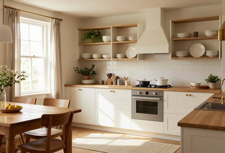 Warm cozy kitchen with open shelving and dining area featuring mixed seating and natural light