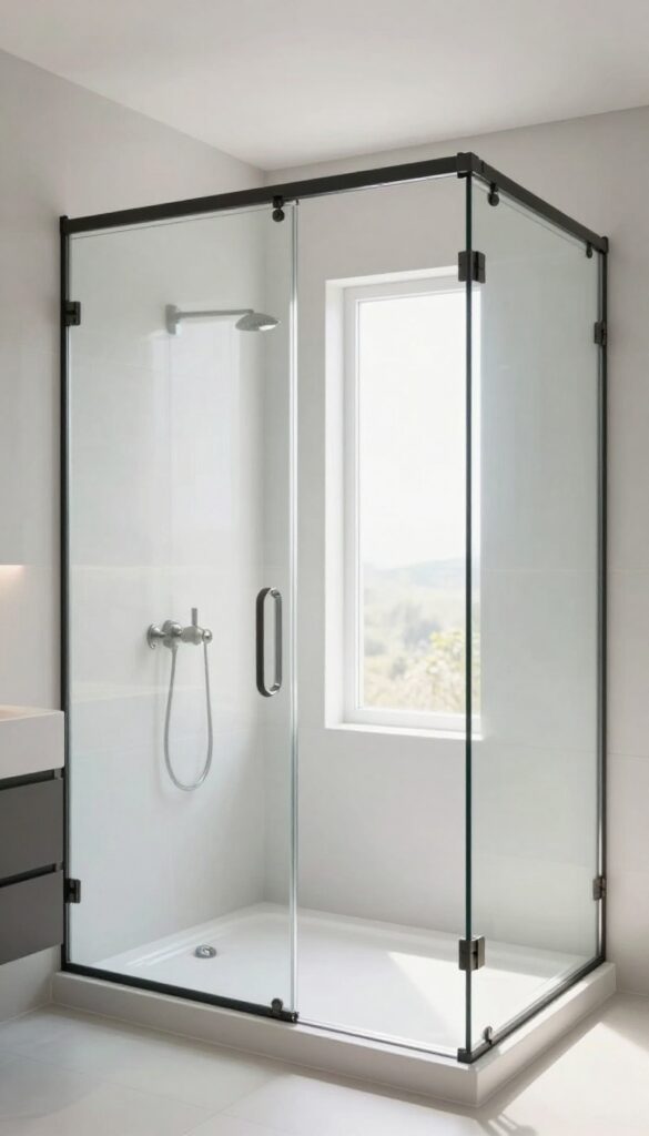 Sliding glass shower doors in a small modern bathroom with frameless panels and matte black hardware, showcasing space-saving design and sleek aesthetics