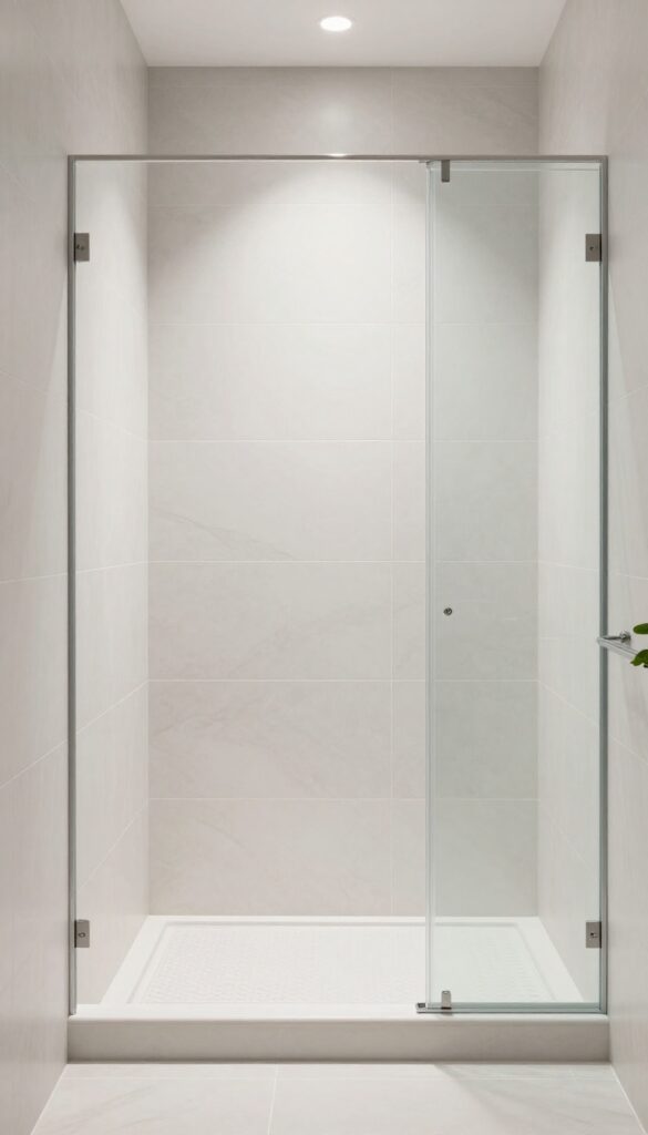 Master bathroom shower with large-format porcelain tiles in neutral tones for a seamless and elegant look