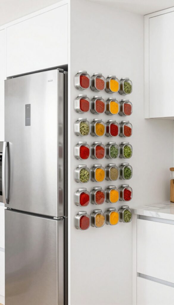 Magnetic spice rack attached to the side of a refrigerator in a bright modern kitchen