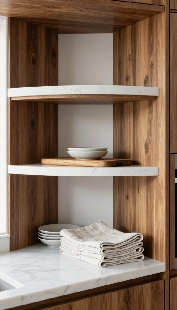 Open shelves with mixed wood and marble materials in a modern kitchen
