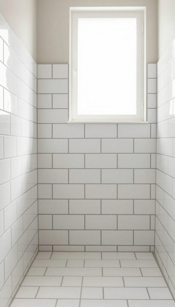A farmhouse walk-in shower with white subway tiles and dark grout, showcasing contrast and clean lines in bright natural light.