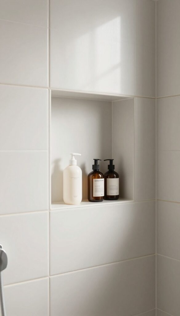 A modern bathroom shower with a built-in tile niche for organizing products, showcasing a clean and seamless design with natural lighting.