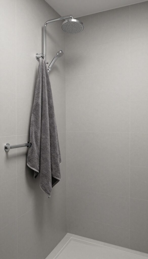 A minimalist single shower stall in soft gray monochromatic tones with matte tiles, glossy fixtures, and a plush towel, showcasing a clean and serene bathroom design for inspiration.