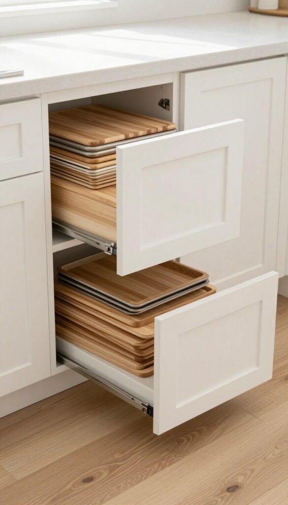 Kitchen with toe-kick drawer open showing baking sheets and cutting boards stored vertically