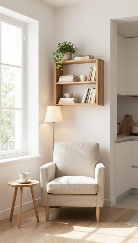 Cozy reading nook in a sunny kitchen corner with built-in bookshelves