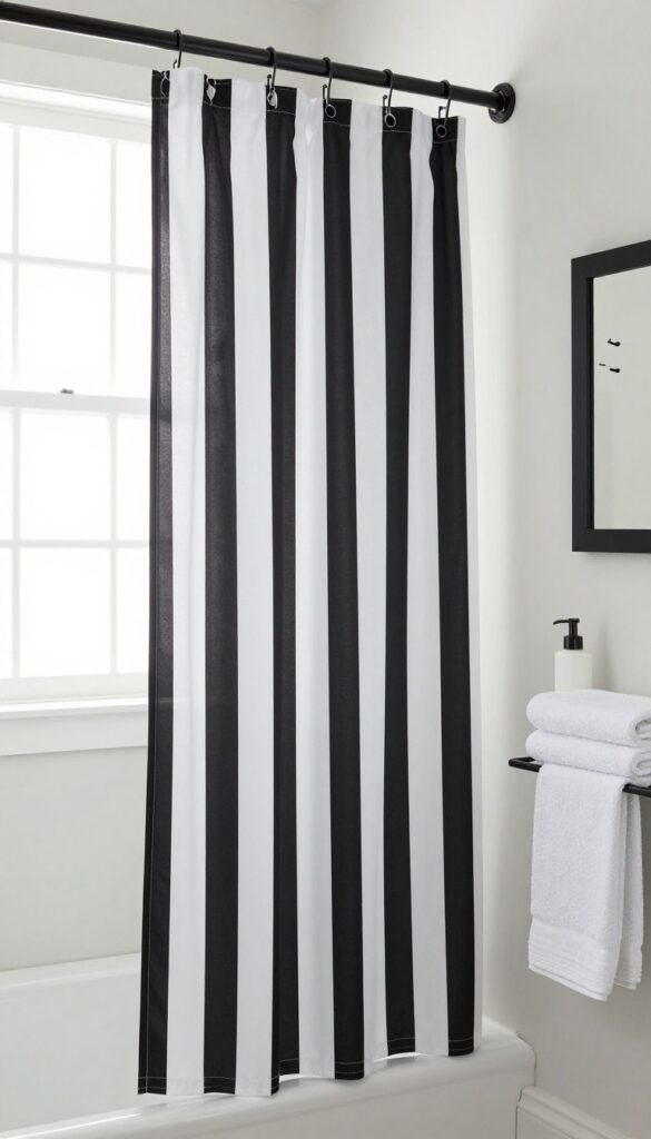 A bright bathroom with a black-and-white striped shower curtain adding bold contrast to plain walls and simple finishes.