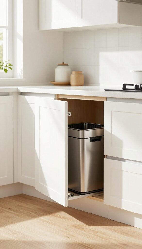 Pull-out cabinet bin in a modern kitchen, showing a stainless steel trash can mounted inside a lower cabinet, with the door open and natural light illuminating the scene.