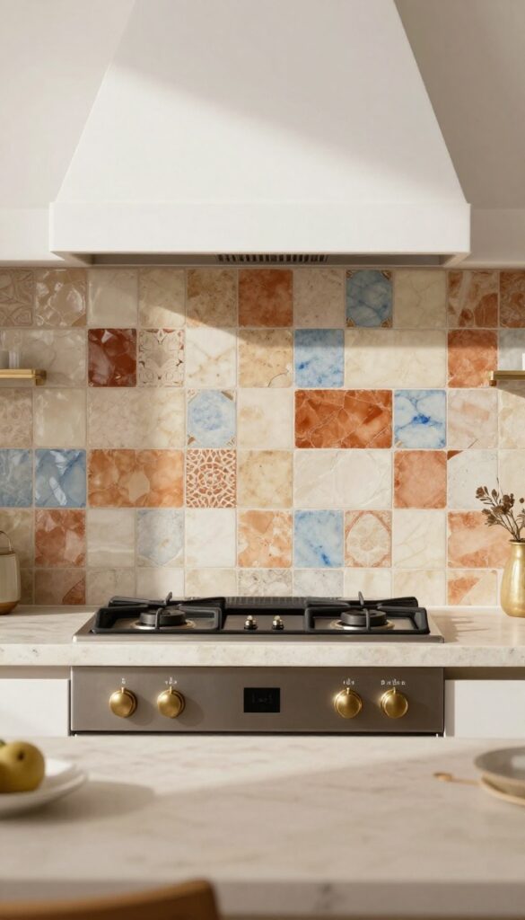 Kitchen with zellige tile backsplash behind stove, natural light, soapstone countertop, brass fixtures