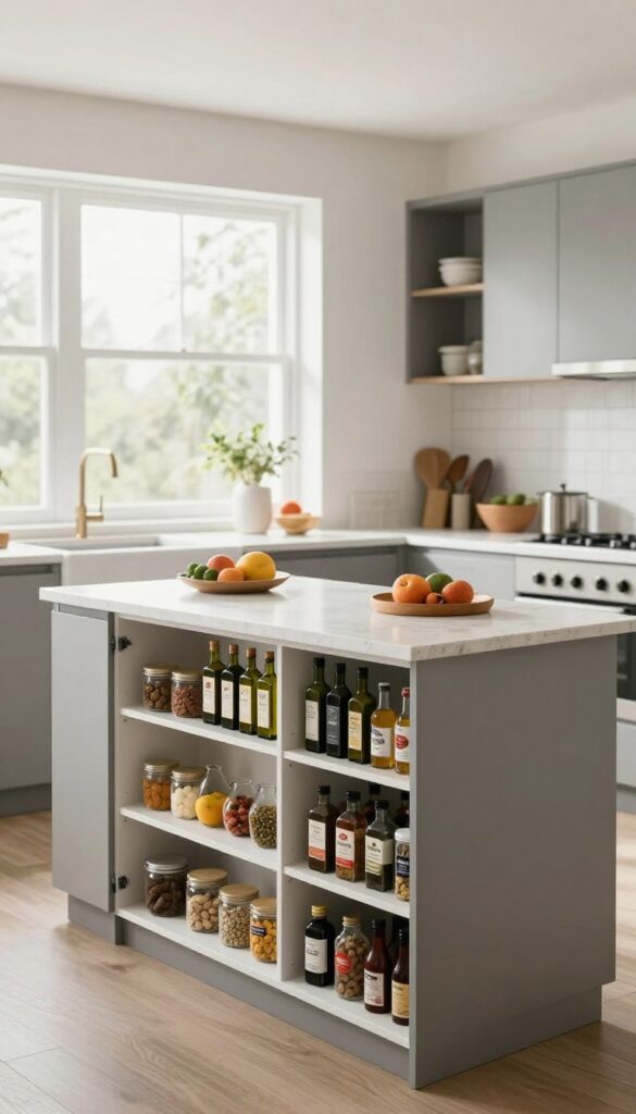 Kitchen island with pull-out pantry column revealing organized dry goods