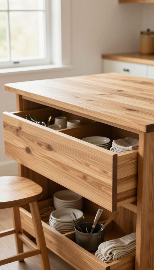 Kitchen island with butcher block top and drawer dividers, stools tucked underneath, bright natural light