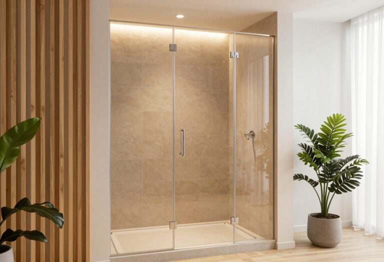 Modern single shower stall with warm tiles and glass door in a polished bathroom