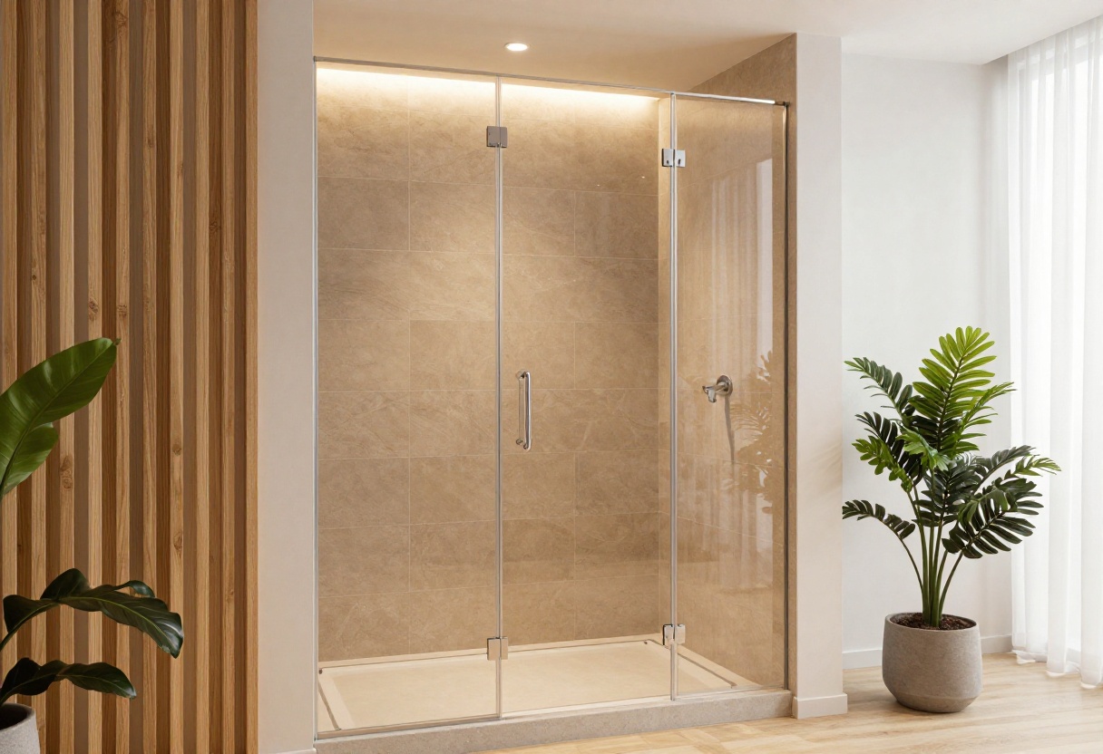 Modern single shower stall with warm tiles and glass door in a polished bathroom