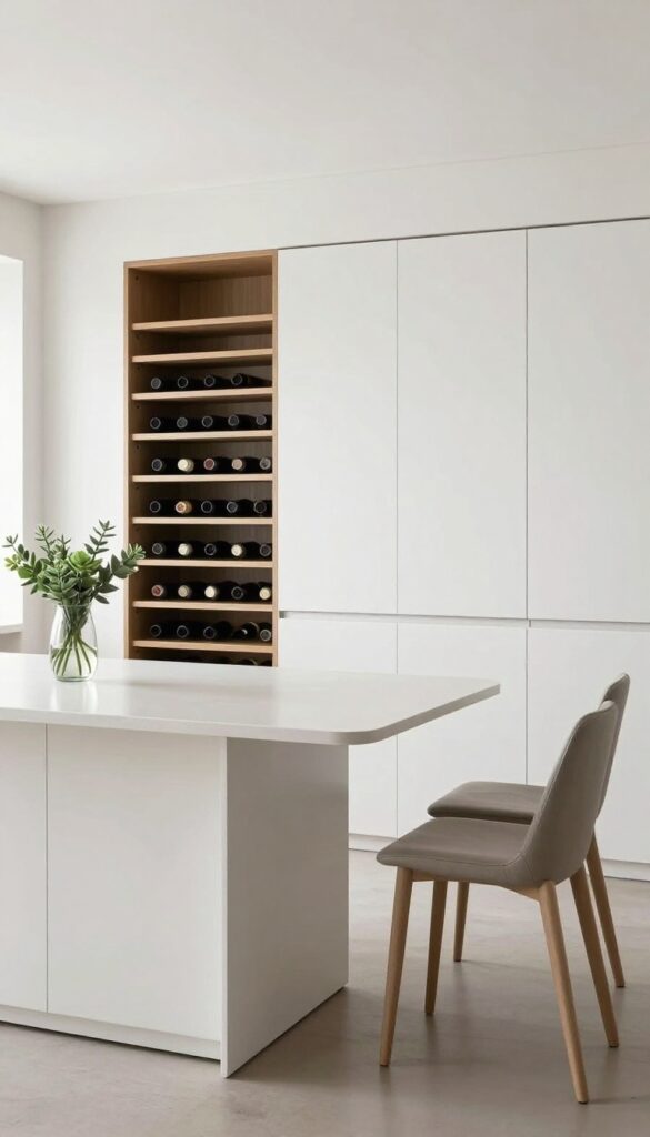 Kitchen island with built-in wine rack and curved seating nook for two stools