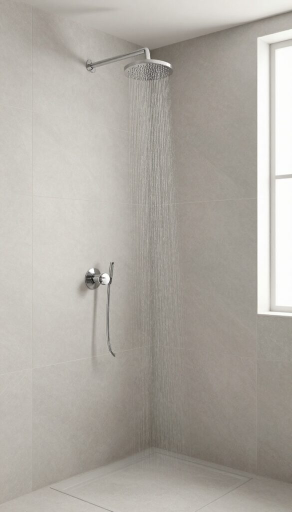 A modern bathroom shower with oversized gray tiles and minimal grout lines, creating a seamless, expansive look under natural light.