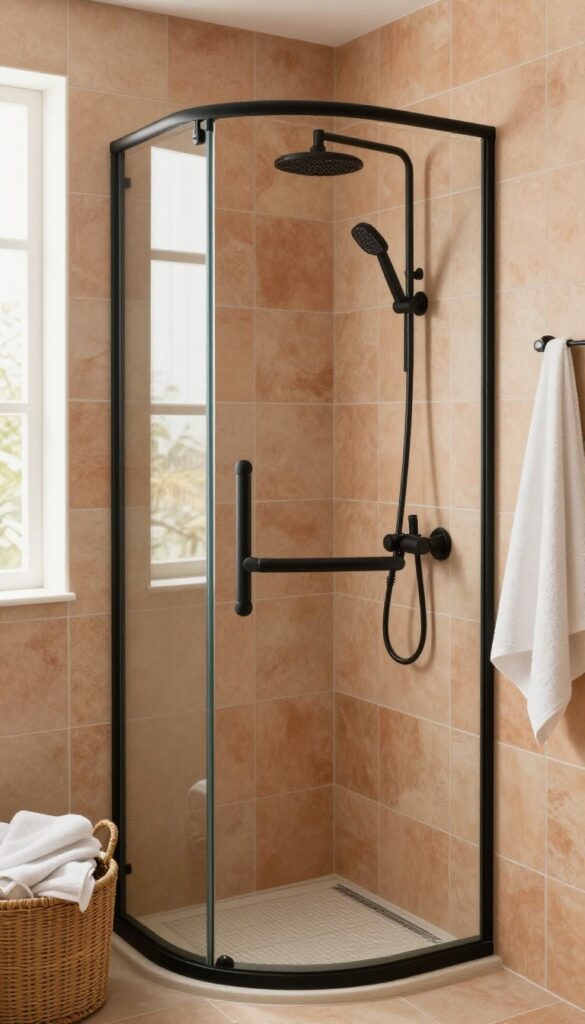 A small bathroom with a curved black shower rod and textured oatmeal curtains, showcasing soft lighting and warm decor elements for a cozy retreat vibe.