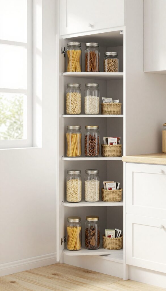 Slim pull-out pantry in narrow gap between fridge and counter with organized glass jars and baskets.