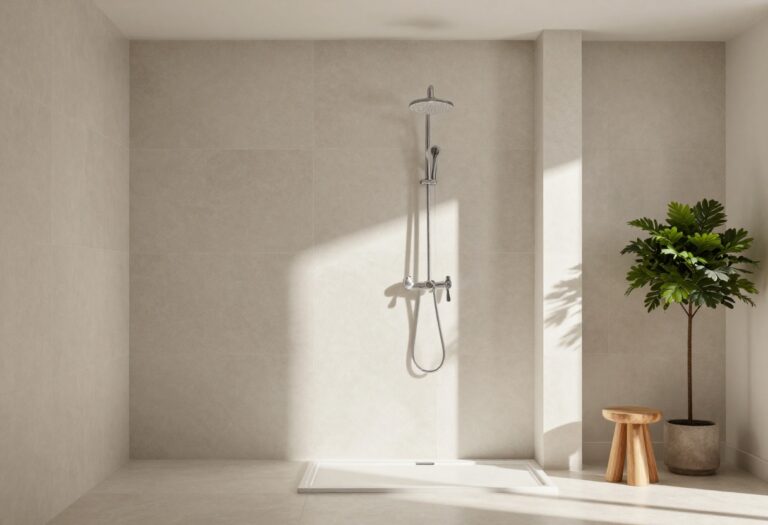 Modern bathroom shower with timeless tile design in neutral tones, showcasing textured and glossy tiles, natural lighting, and simple decor for a fresh, stylish look.