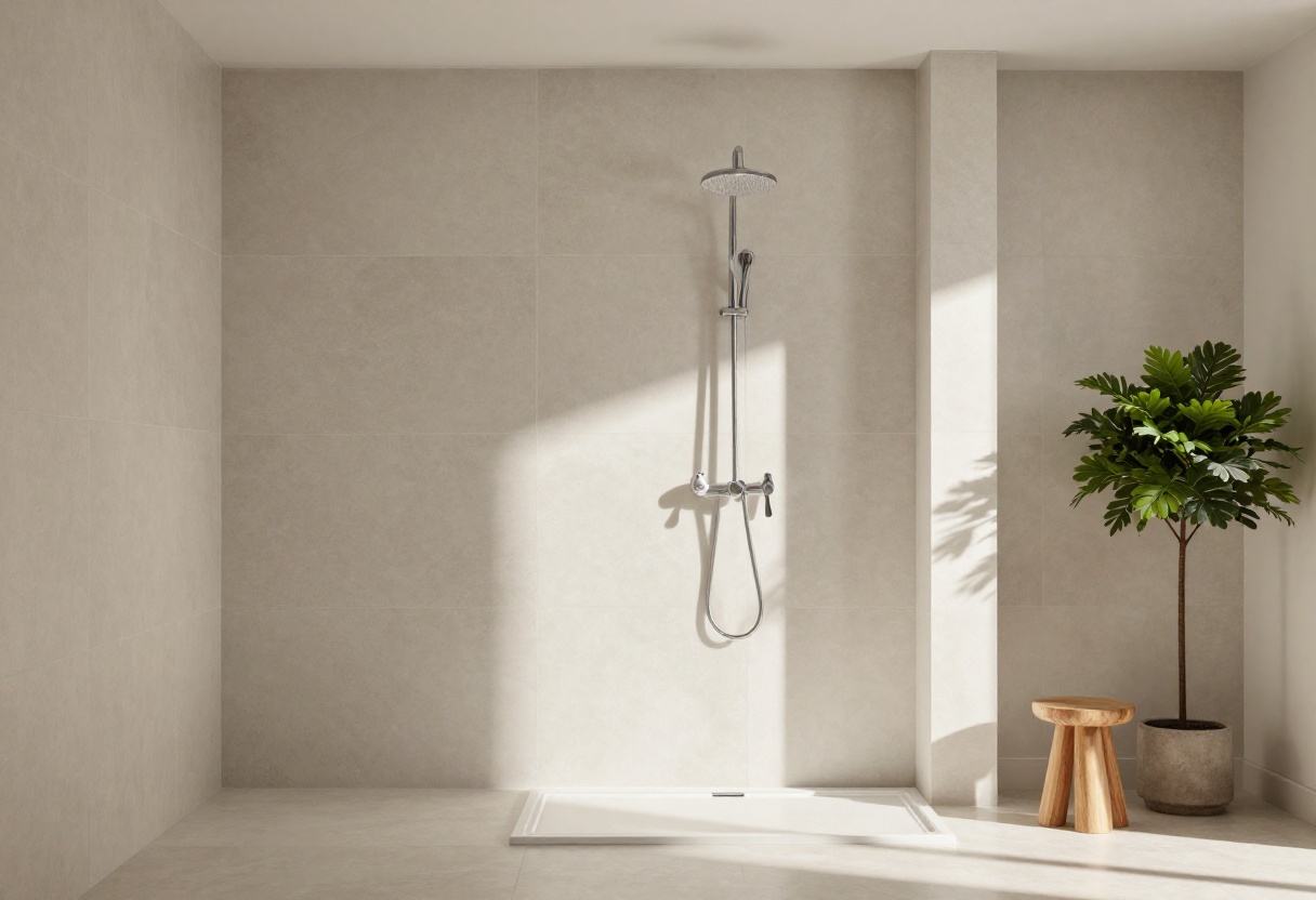 Modern bathroom shower with timeless tile design in neutral tones, showcasing textured and glossy tiles, natural lighting, and simple decor for a fresh, stylish look.
