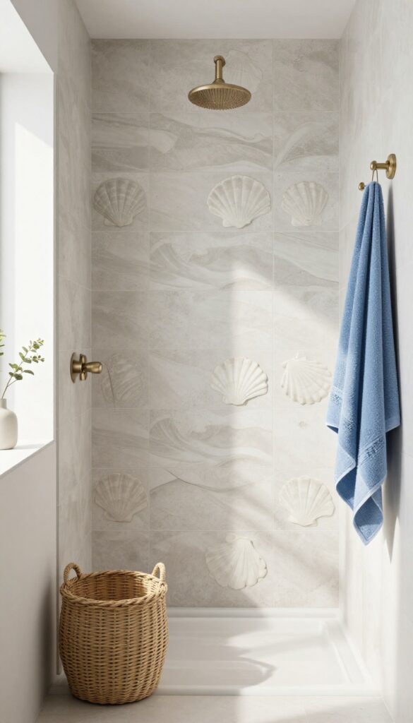 Patterned cement tiles with coastal designs like shells or waves on a shower accent wall in a bright bathroom with natural wood accents and soft blue towels.